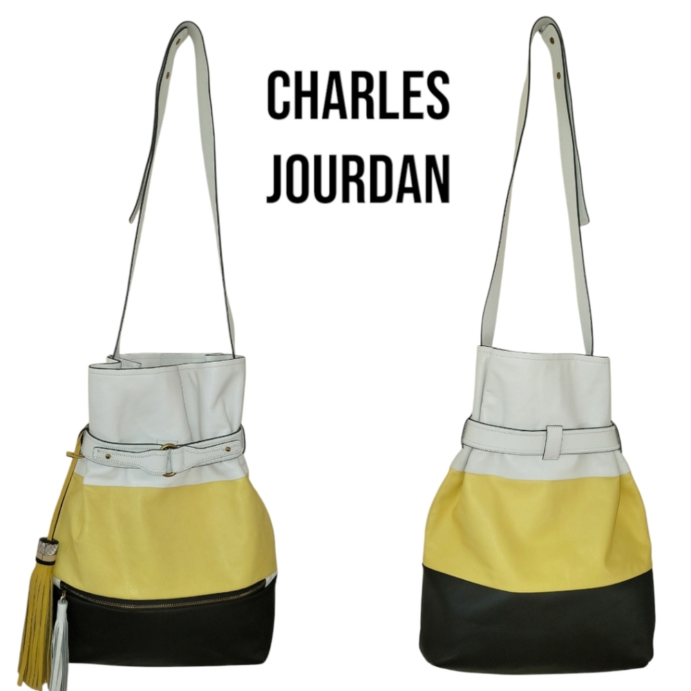 Charles Jourdan Leather Boho Crossbody Bag, Black/Yellow/ White, NWOT - Picture 3 of 16